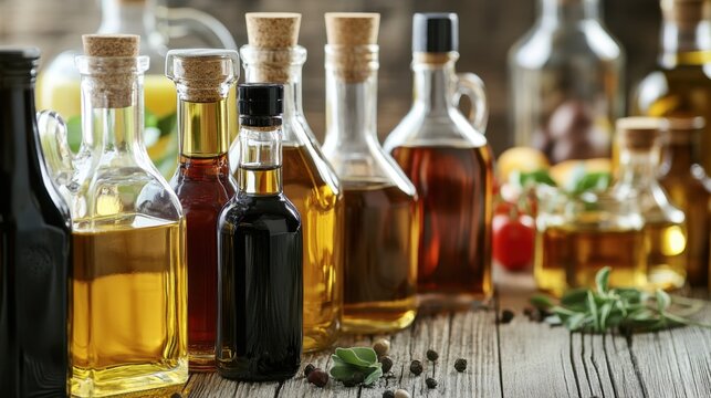 Various glass bottles with cork stoppers containing different oils and vinegars on a wooden surface with herbs and spices.