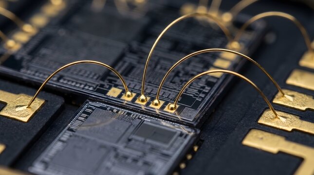 Delicate golden arcs form neural-like connections on a dark microchip, a metaphor for the intricate bridges of digital consciousness and artificial intelligence.