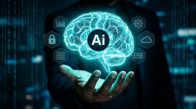 AI brain hologram with connected icons and binary code displayed on a person's palm