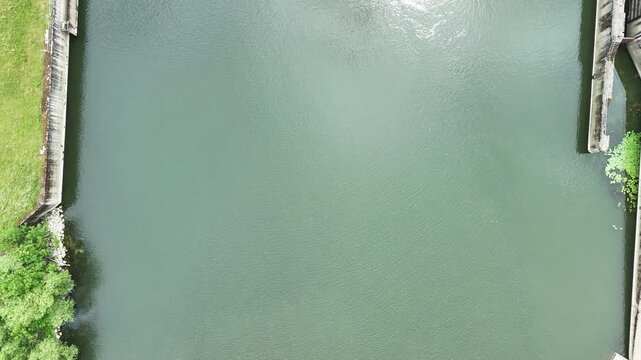 Aerial Top View of Hydroelectric Dam on the Moselle River