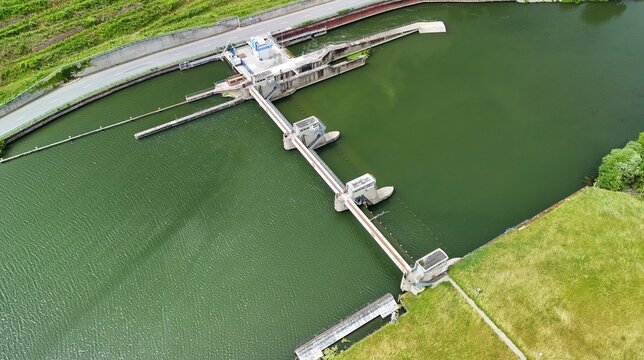 Aerial Top View of Hydroelectric Dam on the Moselle River