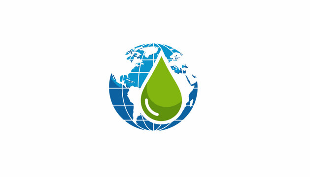 Green drop of oil or water icon on a blue globe earth.