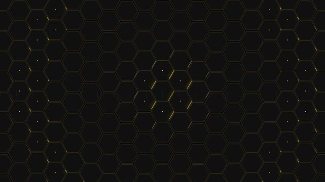 Hexagon grid HUD interface scanning with gold glowing lines digital technology background loop.