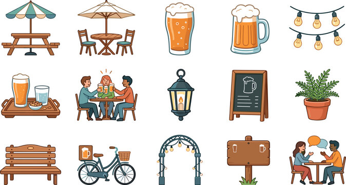Outdoor Beer Garden and Pub Patio Vector Icon Set Featuring Picnic Tables String Lights Chalkboard Signs Friends Toasting and Delivery Bicycle Graphics