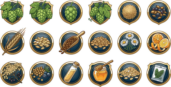 Craft Beer Ingredients and Brewing Botanicals Vector Badge Set with Golden Shields Hops Wheat Grain Honey Chamomile Orange Peel and Herbs
