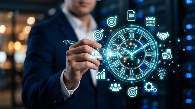 Businessman interacting with digital clock interface representing time management and business strategy in a modern data center