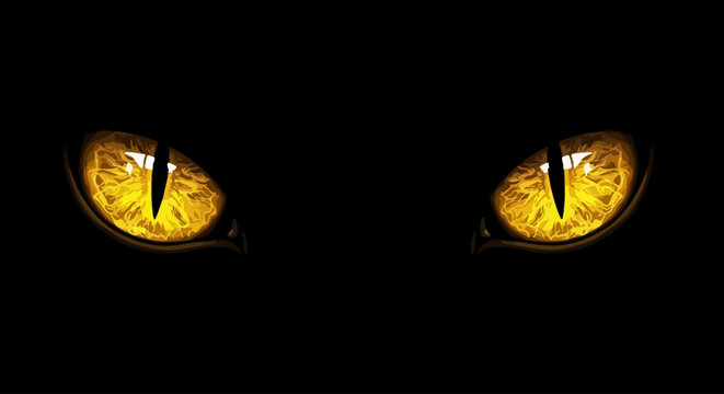 Intense feline eyes in darkness digital illustration