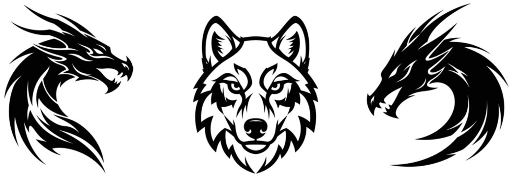 Tribal dragon and wolf heads vector illustration set