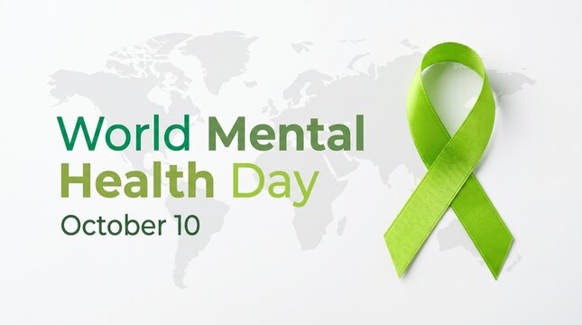 Lime green awareness ribbon for mental health day on october 10 with a subtle map background