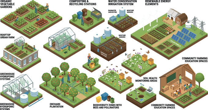 Isometric Sustainable Urban Farming and Green Community Agriculture Vector Set with Rooftop Gardens Hydroponic Greenhouses Solar Energy and Composting Systems