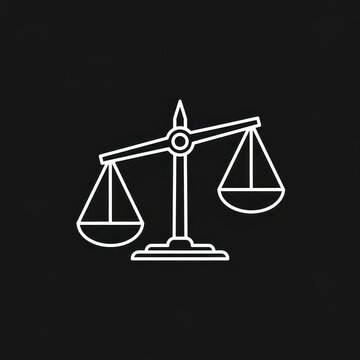 White line art scales of justice on black background.