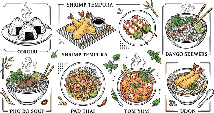Japanese and Asian Cuisine Vector Menu Icon Set Featuring Onigiri Shrimp Tempura Dango Skewers Ramen Pho Soup Pad Thai and Tom Yum Noodles