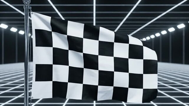 Checkered flag waving at a futuristic racing track