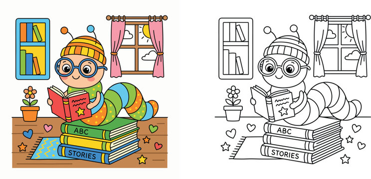 Cute cartoon bookworm caterpillar reading a book on a stack of books, coloring book page template with colored and outline versions for kids education vector illustration