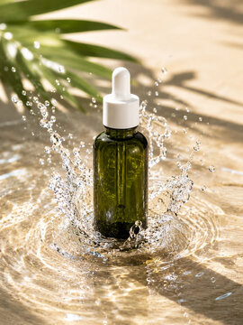 Premium green glass dropper bottle mockup on beige sand with fresh water splashes