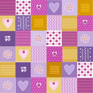 Purple ,pink ,yellow tones squire seamless pachwork pattern with simple heart shapes, flowers, and various geometric patterns ornament . Decorativeart, home decor ,wrapping paper , textile using