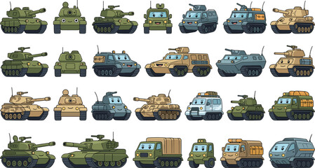 Cute Cartoon Military Vehicle Set Featuring Friendly Tanks Armored Personnel Carriers and Trucks with Happy Faces for Kids Games Stickers and Educational Children's Graphic Designs © Sajjad