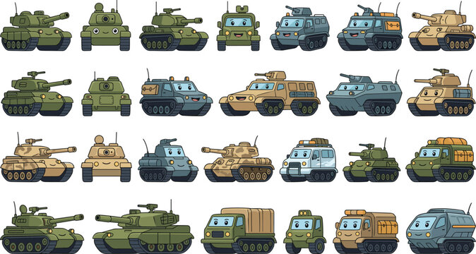 Cute Cartoon Military Vehicle Set Featuring Friendly Tanks Armored Personnel Carriers and Trucks with Happy Faces for Kids Games Stickers and Educational Children's Graphic Designs