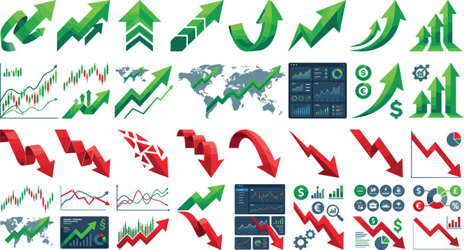 Financial Growth and Loss Business Chart Vector Set Featuring Green Upward Arrows Red Downward Arrows Stock Market Graphics and Info Dashboards