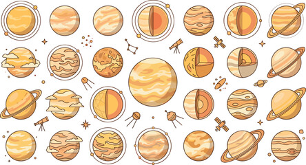 Solar System Planet Icons and Astronomy Set Featuring Gas Giant Cross Section Layers Satellites and Telescopes for Science Education and Space Exploration Graphic Designs © Sajjad
