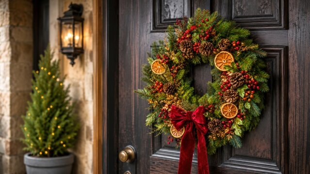 Englischer Weihnachtskranz an Haust&uuml;r
Festlicher T&uuml;rkranz mit Tannengr&uuml;n, Zapfen, roten Beeren, Orangenscheiben und Samtschleife an dunkler britischer Haust&uuml;r.