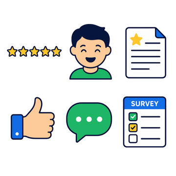 Comprehensive vector icon set depicting customer feedback, online reviews, surveys, and user satisfaction, ideal for web, mobile apps, and business interfaces, symbolizing evaluation and communication