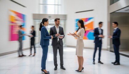 Fototapeta premium Business professionals talking in a modern office lobby with motion blur background