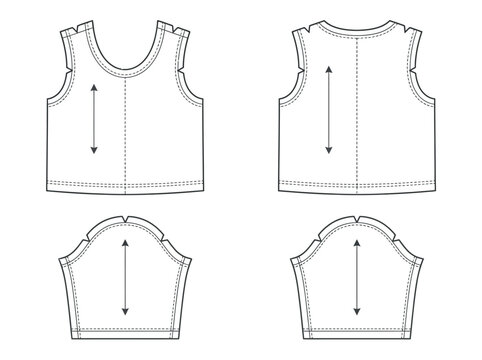 A technical drawing shows a vest from front and back views with measurements.