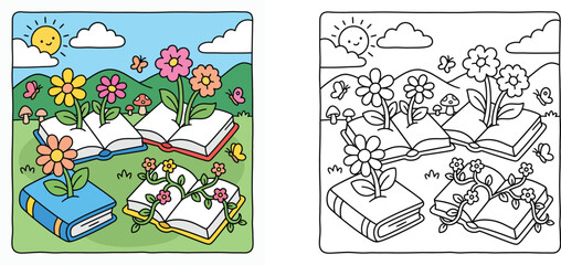 Obraz premium Coloring page and colored illustration of flowers growing from books in a green field under a sunny sky, educational children activity vector