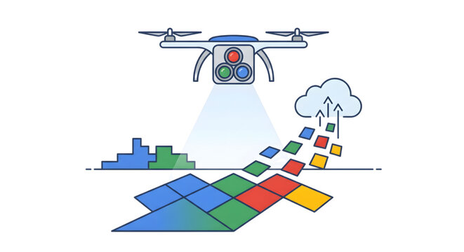 Drone scanning terrain data to cloud flat line illustration, Vector line illustration depicting a surveillance drone mapping colorful digital terrain grids and uploading geospatial data into a cloud 