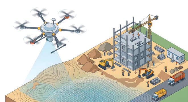 Construction drone scanning topographic site isometric illustration, large hexacopter drone scanning a terrain grid at a busy construction site with building structures, excavators, and trucks.