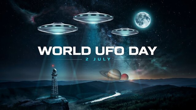 Three ufos with beams of light on world ufo day