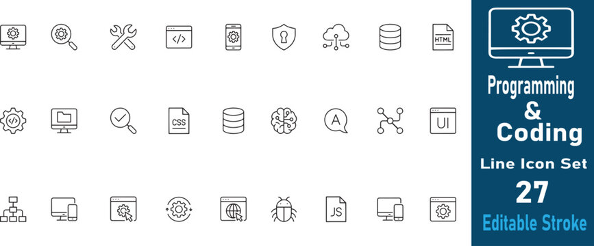 Programming line icon set featuring coding, software, development, Java script, source code, data, technology. Professional editable vector illustration for developer app and UI UX design
