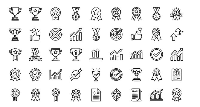 Success and award outline icon set with growth win and thumbs up symbols vector
