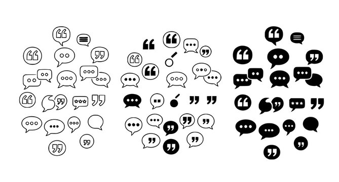 Modern quotation mark and speech bubble icon collection in outline and solid style vector