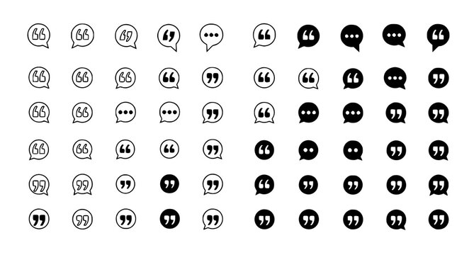Quotation marks and speech bubble icon collection with comment and testimonial symbols vector illustration