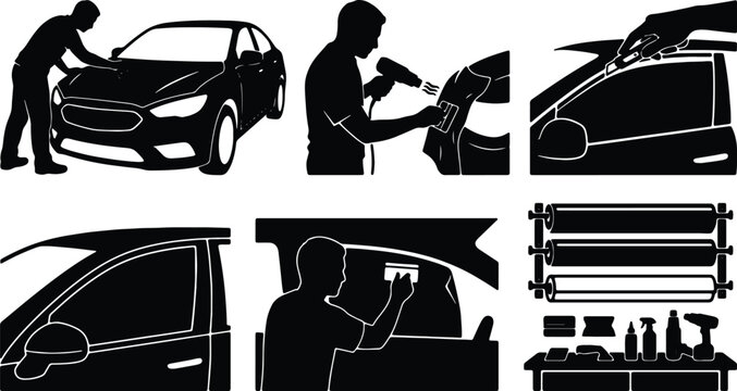 Car Window Tinting Service Icons, Auto Detailing Silhouettes, Vinyl Wrap Application Tools, Professional Vehicle Customization Graphics
