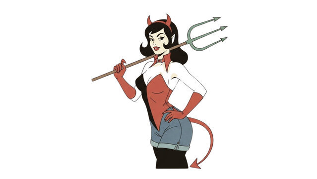 A cartoon devil woman poses with a pitchfork indoors