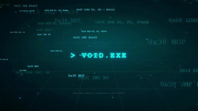Digital Cyber Security Interface with Glitching Code and Void Exe Text on Dark Blue Background