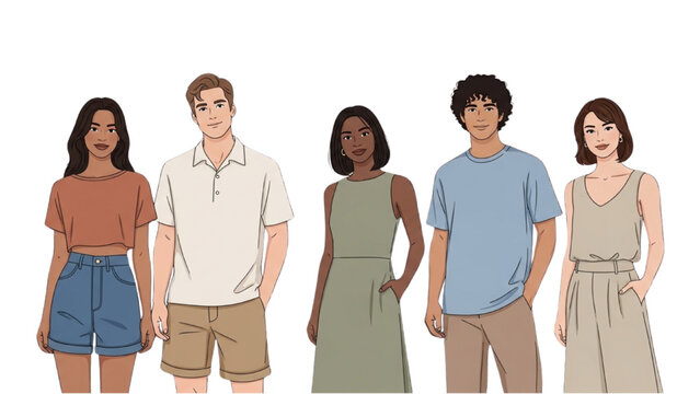 Five diverse people standing together in casual clothes outdoors