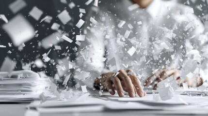 Obraz premium Worker Transforming Scattered Papers into Organized Documents in a Creative Workspace
