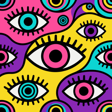 Maximalist neon seamless eyes pattern pop art vector illustration