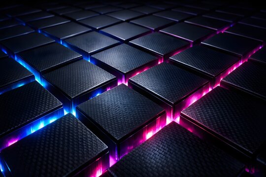Perspective view of carbon fiber cubes with blue and pink neon edges. Futuristic technology background ideal for data storage and crypto currency themes.