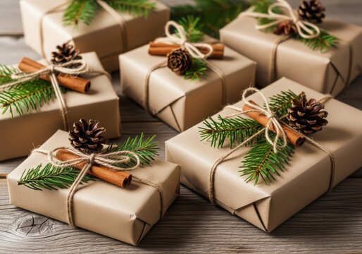 Christmas gift boxes wrapped in brown paper and pine