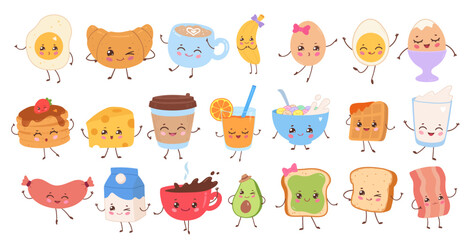 Fototapeta premium Vector illustration of cute kawaii breakfast set. Isolated food, fruit and drink characters collection.