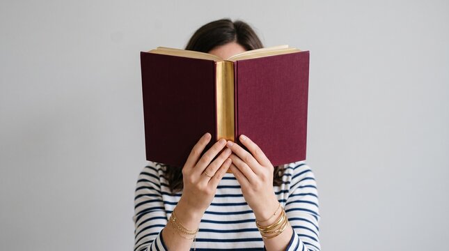 Woman concealing face with open antique book literary concept
