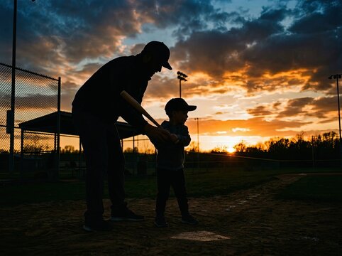 Heartwarming father son moment on baseball field at sunset on fathers day