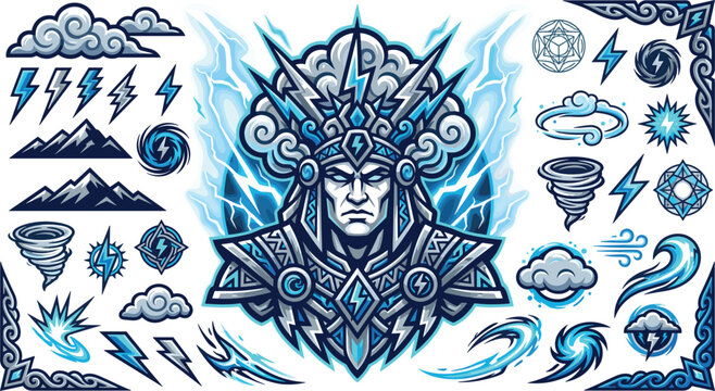 Powerful thunder god mascot vector bundle featuring lightning bolts storm clouds tornado vortex mountains tribal ornaments and fantasy warrior emblem elements