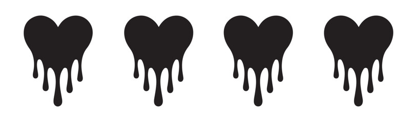 Dripping black heart icons set melting fluid paint blood liquid shape collection on transparent.