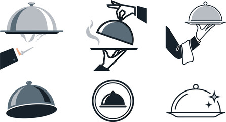 Cloche food tray icon set waiter serving hand restaurant luxury dinner logo vector illustration graphic collection © MstLaky